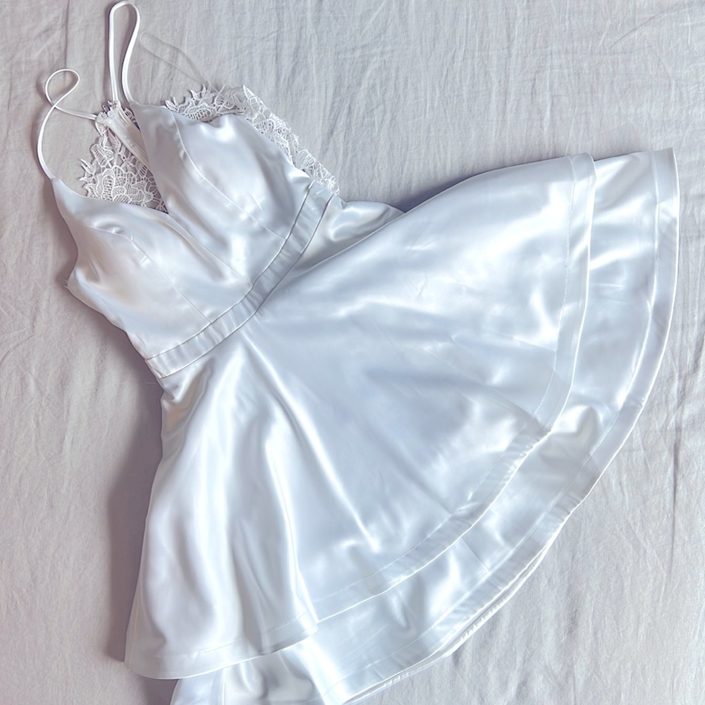 White satin fit and flare dress